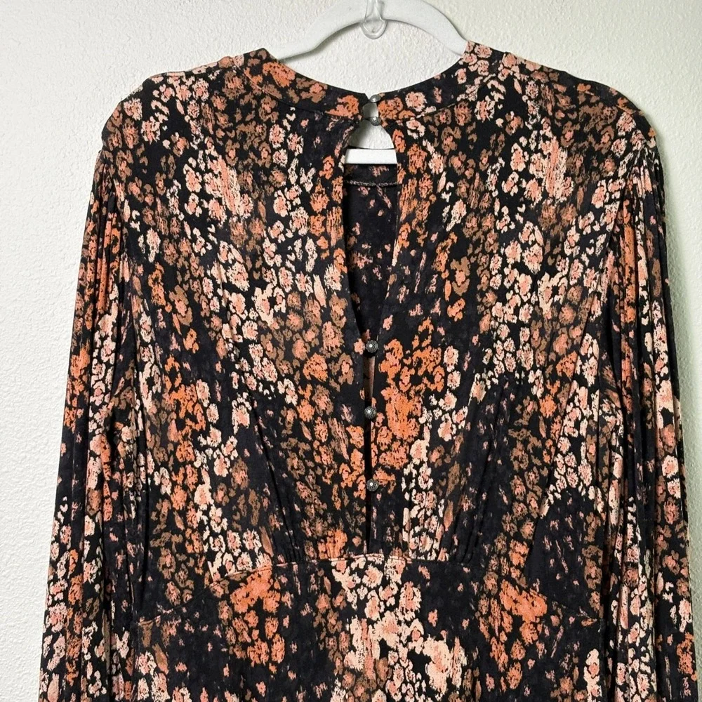Free People Heartbeats Mini Dress Size L Black Brown Floral Jersey Retro‎ Boho